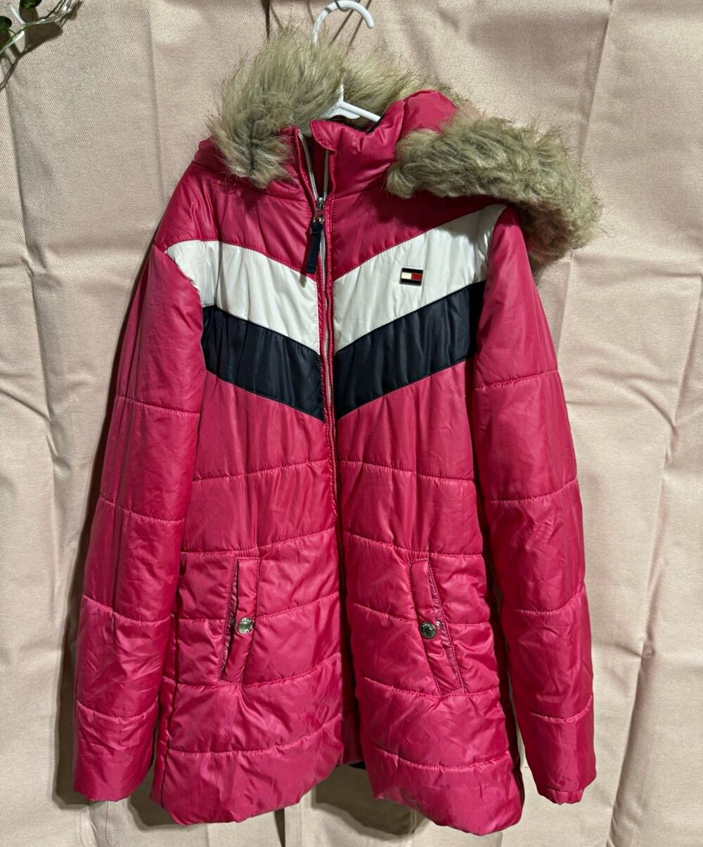 Tommy Hilfiger Girls Hooded Colorblock Puffer Jacket Faux Fur Trim L 12/14